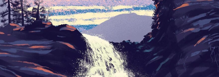 Ravencave book cover, showing a landscape in dark blues and purples with a waterfall splashing into a pool of water in the centre.