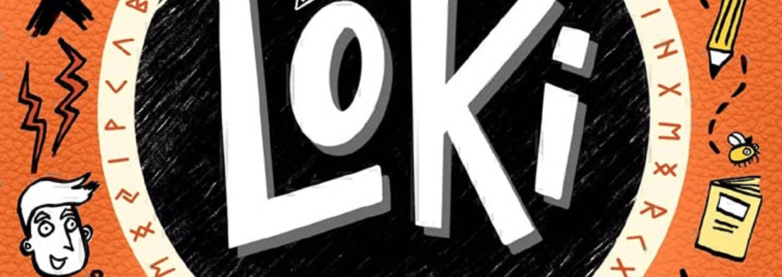 Loki book cover, showing a black circle with horns and the word 'Loki' in it, surrounded by doodles and scribbles of various things and people on an orange background.