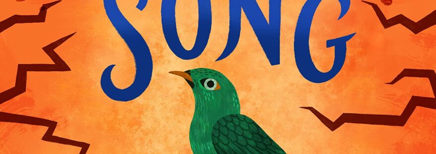 The Song Walker book cover for review shows an orange desert under a harsh sun. Two girls are walking - on the left, a white girl in a black dress carrying a metal case. On the right, a black girl in dungarees pointing off and leading the way. In the centre of the image is a green bird, with the book title around it in blue.