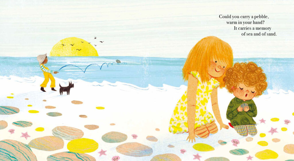 Image shows a boy and a girl sitting on a sandy beach, looking at a pebble the boy is holding. In the background a girl is skimming a stone on the water while a dog watches. In the top right of the page is a rhyming verse from the book. Image from: https://www.helendocherty.com/books/all-the-things-we-carry/
