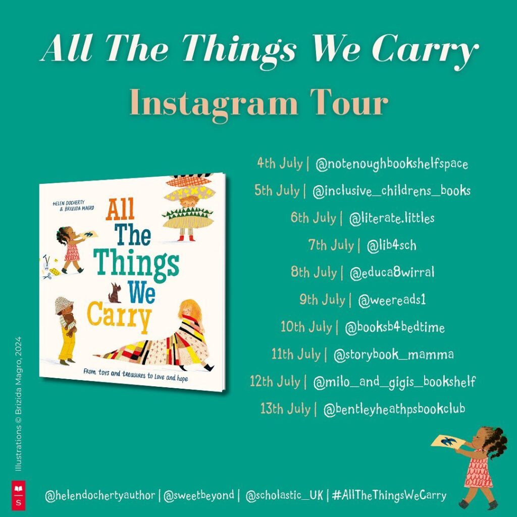 Image shows the stops on the Instagram Book Tour for All The Things We Carry, with the front cover of the book alongside. Libraries 4 Schools is stop number 4.