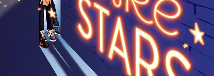 Book cover for review: a door opens onto a dark alleyway. In the bright doorway, three children lean out: a black boy, a white boy, and a white girl. Their shadows on the ground curl to form the shape of a fox. Along the wall of the alleyway, the title 'People Like Stars' is written in orange neon, surrounded by stars.