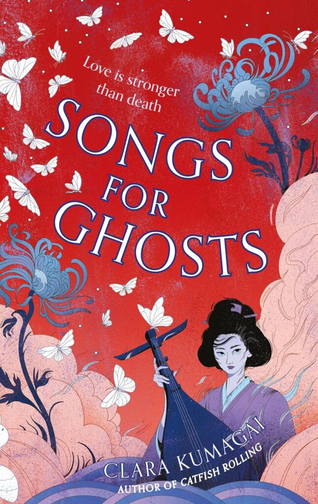 Songs for Ghosts book cover for review - image shows a young Japanese woman in a kimono holding a biwa. She has a blue filter over her. The landscape around her is puffy like clouds, a pale pink colour, with large blue flowers growing from it. White butterflies fill the red sky above.