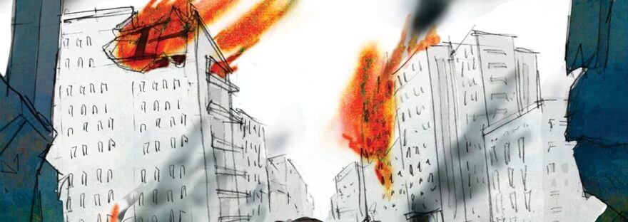 83 Days in Mariupol graphic novel cover for review. Image shows a family, mother in the middle holding hands with a child on each side, with their backs to the viewer. They are silhouetted against city buildings in the distance that are crumbling and burning. The image is mostly in shades of grey, with the fires in bright reds and oranges. The title is in dark red at the top.