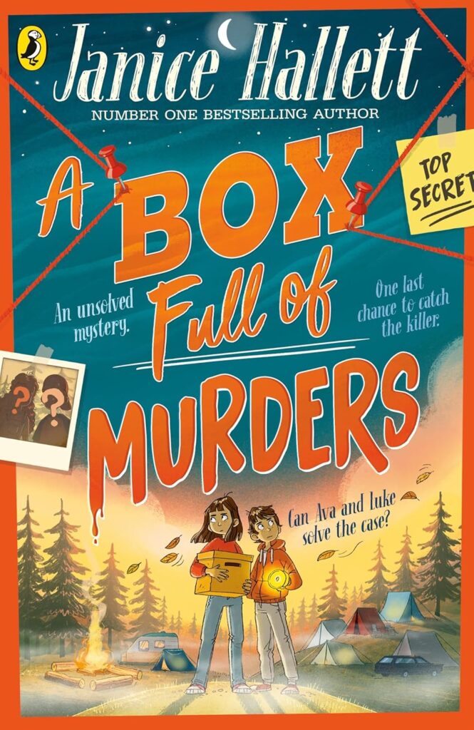 A Box Full of Murders book cover for review: two worried-looking children stand in the open; a girl on the left holds a cardboard box, the slightly smaller boy on the right holds a torch. In the background there is a campsite, with tents on both sides and a campfire on the left. Behind this there are trees, then yellowish clouds. Above that is the night sky, over which the title 'A Box Full of Murders' is written in orange. There is a red pin on each side with red string wrapped around them. Above this is the author's name, Janice Hallett.