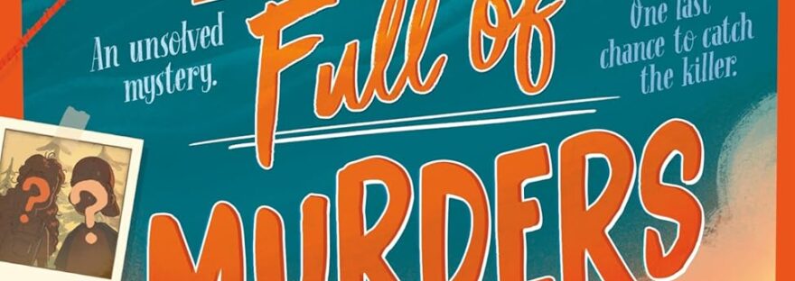 A Box Full of Murders book cover for review: two worried-looking children stand in the open; a girl on the left holds a cardboard box, the slightly smaller boy on the right holds a torch. In the background there is a campsite, with tents on both sides and a campfire on the left. Behind this there are trees, then yellowish clouds. Above that is the night sky, over which the title 'A Box Full of Murders' is written in orange. There is a red pin on each side with red string wrapped around them. Above this is the author's name, Janice Hallett.