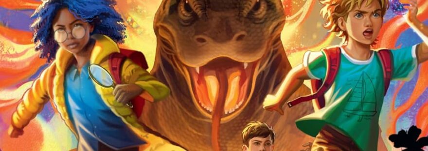 Book cover for review: image shows four children - a black girl with blue hair on the front left, a blond-haired boy on the front right, a ginger girl in the back left, and a brown-haired boy back right - running in fear towards the camera through broken branches and vines. Behind them, chasing them, is a giant lizard surrounded by flames. The title 'Sin Bin Island' is at the top in bright blue; the A of Island has clawed feet, and the hole is shaped like a skull.