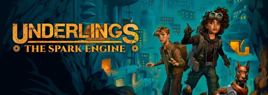 Book for review: image shows a young Black girl dressed in working gear (boots, pouches), with goggles pushed up into her hair, holding a screwdriver and pointing up off to the left. On the right behind her stands a large mechanical dog with pointy ears. On the left behind her is a young boy with blond hair, dressed neater and carrying a square backpack. Behind them is a underground city in a cavern, the lights of the buildings piercing the blue mist that shrouds it. To the left is the title 'Underlings: The Spark Engine', written in caps with a dirty metal colouring.