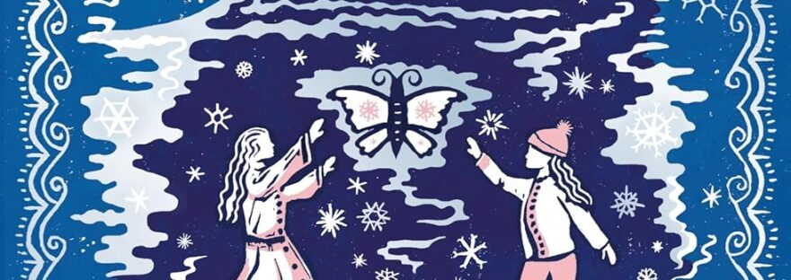 Image shows two girls silhouetted in white and pink against a dark blue background. Each is standing on a locked book, and they are both reaching up towards a butterfly above them. In the background there is a palace in pink, loomed over by a silver mountain. The image is dotted with white and silver snowflakes. At the top, the title 'Snow' is in white all caps. The author's name 'Meera Trehan' is in dark blue against a pink background at the bottom.