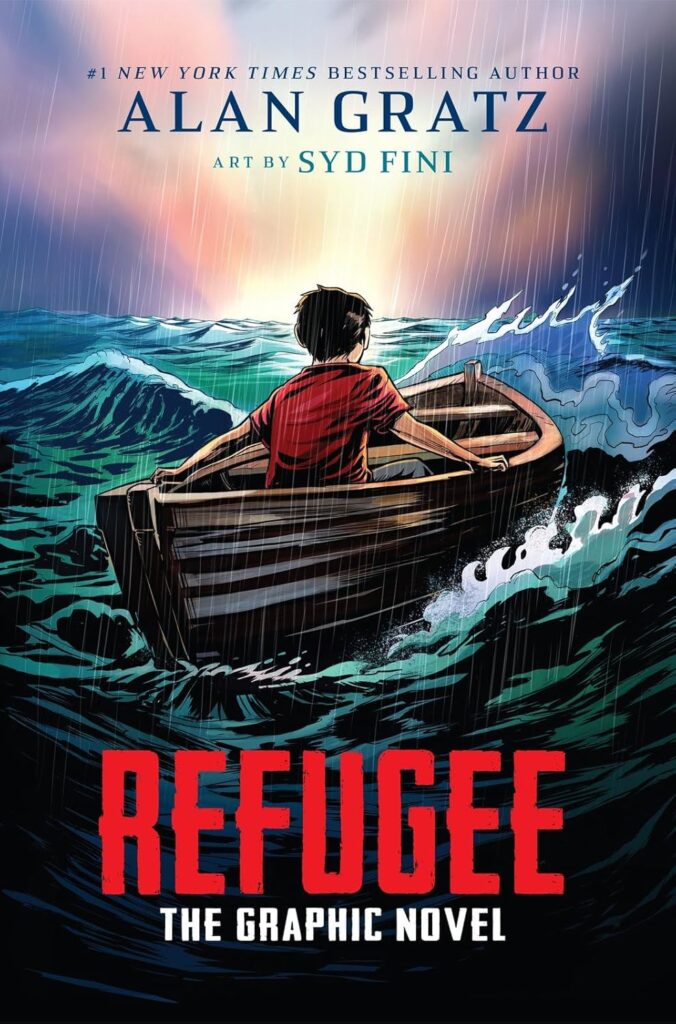 Book cover for book review. Image shows a young boy in a red t-shirt, sat in a boat on a turbulent sea. It's raining, and the boy is facing away from the viewer, towards the horizon, where the first light of dawn is beginning to show. Towards the bottom of the image, overlaid on the water, the title REFUGEE is written in red in all caps; in white underneath that it says 'The Graphic Novel'.