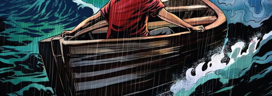 Book cover for book review. Image shows a young boy in a red t-shirt, sat in a boat on a turbulent sea. It's raining, and the boy is facing away from the viewer, towards the horizon, where the first light of dawn is beginning to show. Towards the bottom of the image, overlaid on the water, the title REFUGEE is written in red in all caps; in white underneath that it says 'The Graphic Novel'.