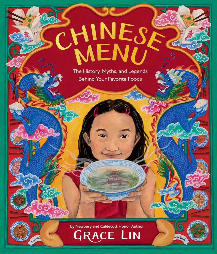 Book cover for review: images shows a young Chinese girl in red holding a steaming bowl of liquid, in which there is the image of a landscape with a river, bridge, and traditional Chinese building. On either side of the girl is a blue Chinese dragon, wreathed in clouds. Down the edges on the sides are different dishes. At the top of the image, the title 'Chinese Menu' is written in gold.