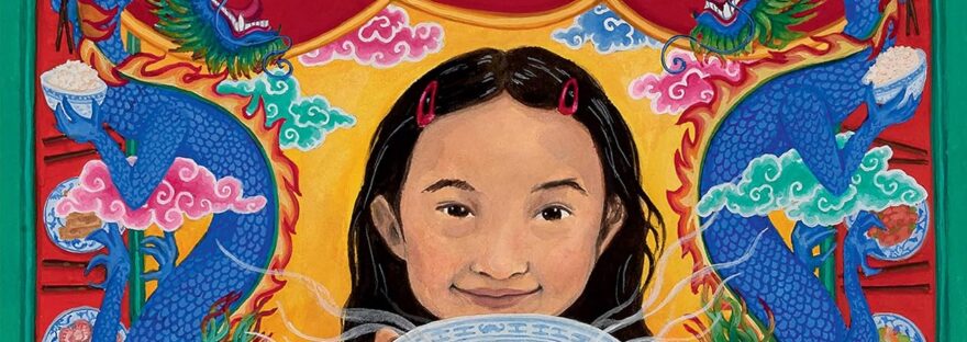 Book cover for review: images shows a young Chinese girl in red holding a steaming bowl of liquid, in which there is the image of a landscape with a river, bridge, and traditional Chinese building. On either side of the girl is a blue Chinese dragon, wreathed in clouds. Down the edges on the sides are different dishes. At the top of the image, the title 'Chinese Menu' is written in gold.