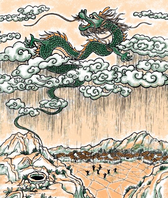 Image shows a green Chinese dragon in the sky amongst the clouds, from which it is raining down upon a village and the neighbouring fields. The dragon's tail leads down to a well on the top of a nearby mountain. The image is drawn in simple greens, browns and blacks to evoke the style of traditional Chinese art.