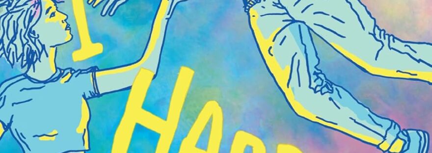 Book cover for review. Image shows a boy floating in the top right, and a girl floating in the bottom left, looking at one another against a pastel rainbow background. The title in yellow runs between them, reading 'This Boy I Hardly Know'.