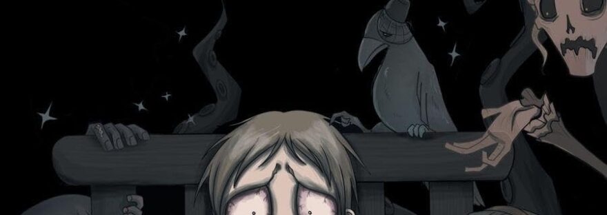 Book cover for review: image shows a young boy with red-rimmed eyes sitting in bed facing the camera, with the covers pulled up to his nose. The surrounding area is dark; on the left is a weeping girl and a teddy bear, on the right a skeleton woman and girl with a sly grin and flames around her. The title 'The Sleepless Nights of the Boy with No Eyelids' is in large white letters above them all. Underneath that the subtitle 'and other twisted tales' is in smaller white letters.