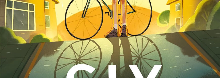 Book cover for review: image shows a young teen boy looking toward the viewing with a neutral expression. He's holding a bike and is standing in a road, where there are houses and trees on either side. The sun is setting behind him. At the bottom of the image, overlapping his shadow, is the title 'Six Weeks' in large white capitals.