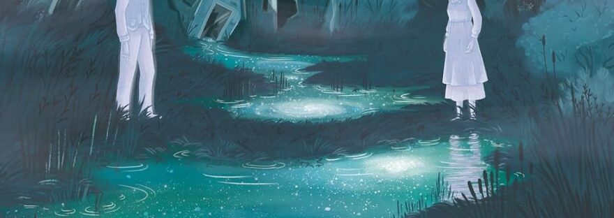 Lykewise book review: cover image shows two ghostly figures, a boy and a girl facing each other on opposite sides of a bog. Behind them a house is mostly sunken into the bog. The stars are reflected in the greenish water, though the sky above is clear and purple.